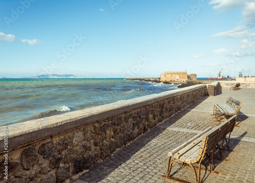 benches overlooking the sea in crete greece coastal road coast view