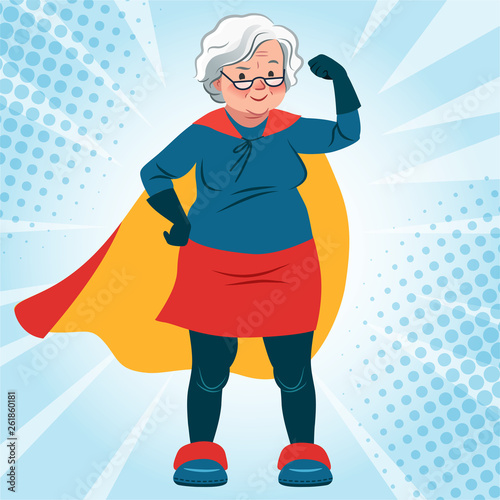 Grandma in superhero costume standing with arm flexed vector cartoon illustration. Smiling friendly confident Caucasian senior woman wearing cape. Lifestyle, active old age, health theme.