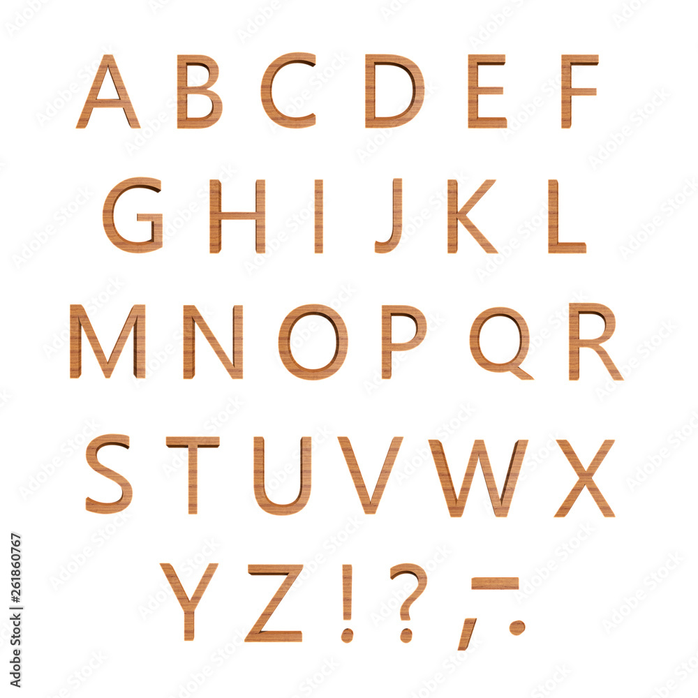 Obraz premium Capital wooden letter ABC alphabet set including multiple punctuation symbols isolated over the white background