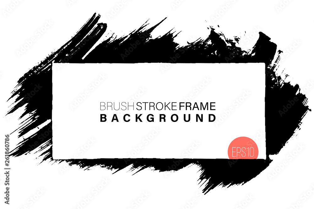 Hand drawn grunge frame rectangular shape. Black paint strokes as graphic resources. Ink brush painted backdrop with copy space.