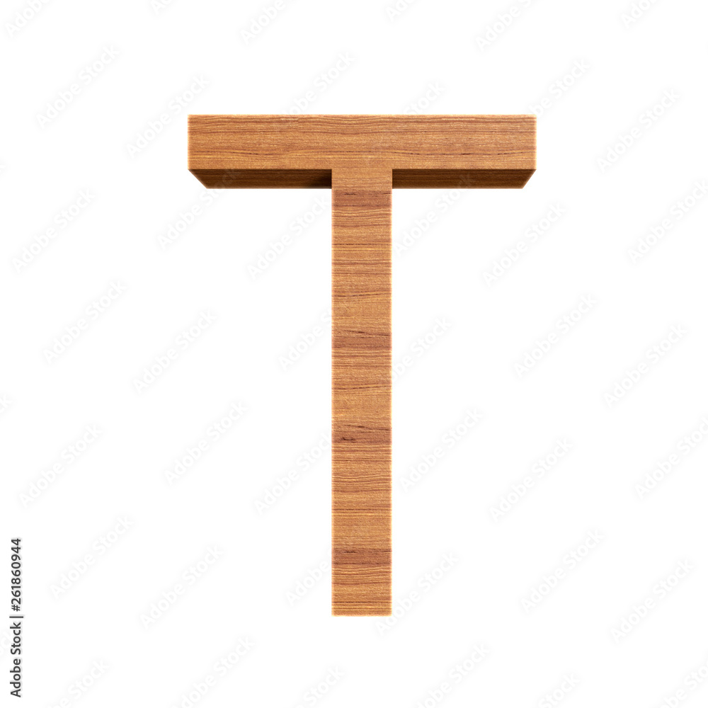 Capital wooden letter T isolated on white background, font for your design, 3D illustration