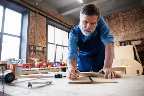 Mature handsome joiner work in carpentry. He is successful entrepreneur at his workplace.