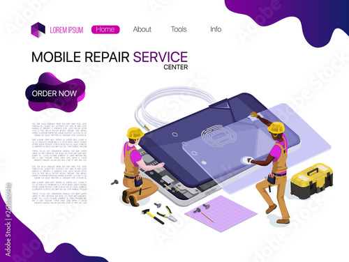 Vector people in the form of a telephone repair service.3d isometric vector illustration design templates for business. Web, lending, banner design