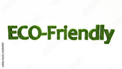 3D rendering ECO-FRIENDLY word made of green grass, save the earth concept