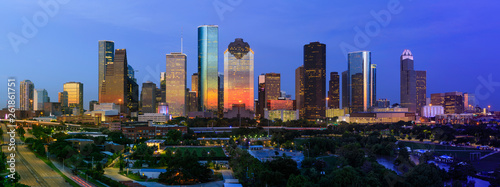 City of Houston Skyline July 4th 2018 with dramatic sunset