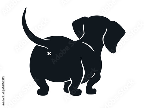 Cute dachshund sausage dog vector cartoon illustration isolated on white. Simple black and white silhouette drawing of wiener puppy, rear view. Funny doxie butt, dog lovers, pets, animals theme.