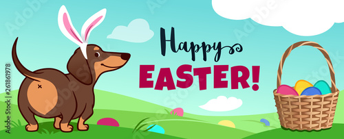 Cute dachshund dog with Easter bunny ears sits in grass, basket full of candy eggs, eggs hidden in grass, vector cartoon illustration, text "Happy Easter!"  Spring, pets, egg hunt kids party theme.