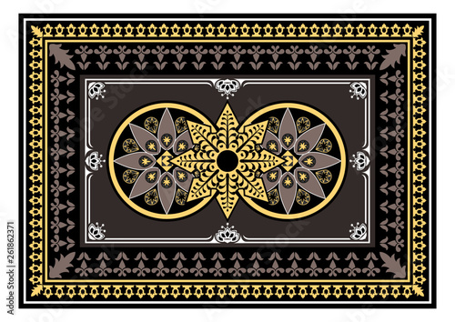 Carpet with dark beige and yellow colors. The Eastern rectangular rug with different patterns and frames