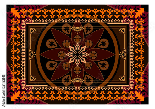 Carpet with brown and orange colors. The Eastern rectangular rug with different patterns and frames