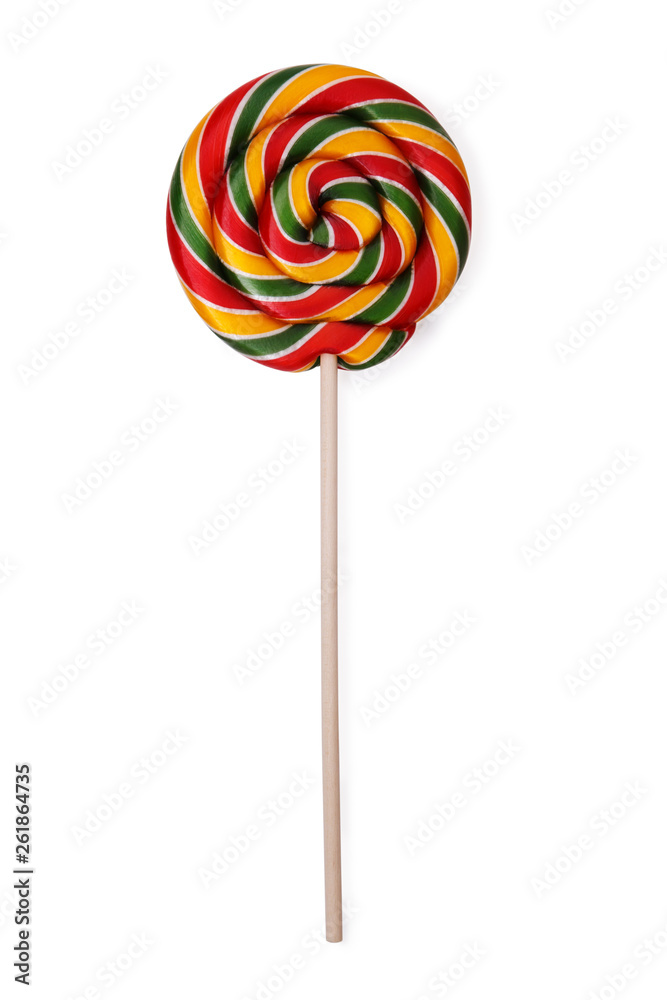 Close-up of colorful, hand-made swirl spiral lollipop isolated on white background. Studio shot Close-up of colorful, hand-made swirl spiral lollipop isolated on white background. Studio shot