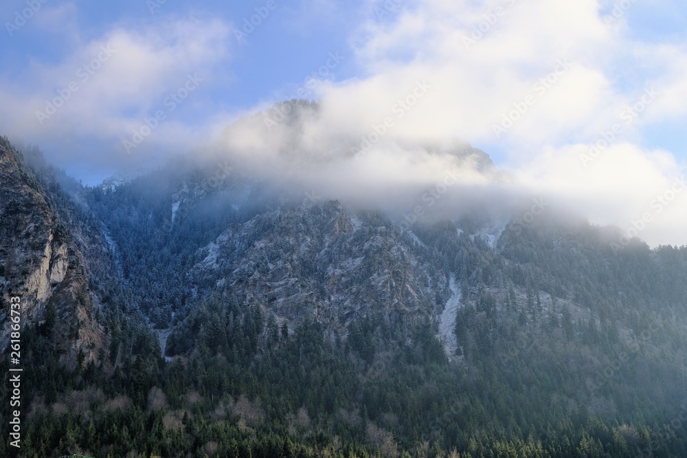 Mountain with clouds near Neuswanstein castle. Bavaria, Germany.