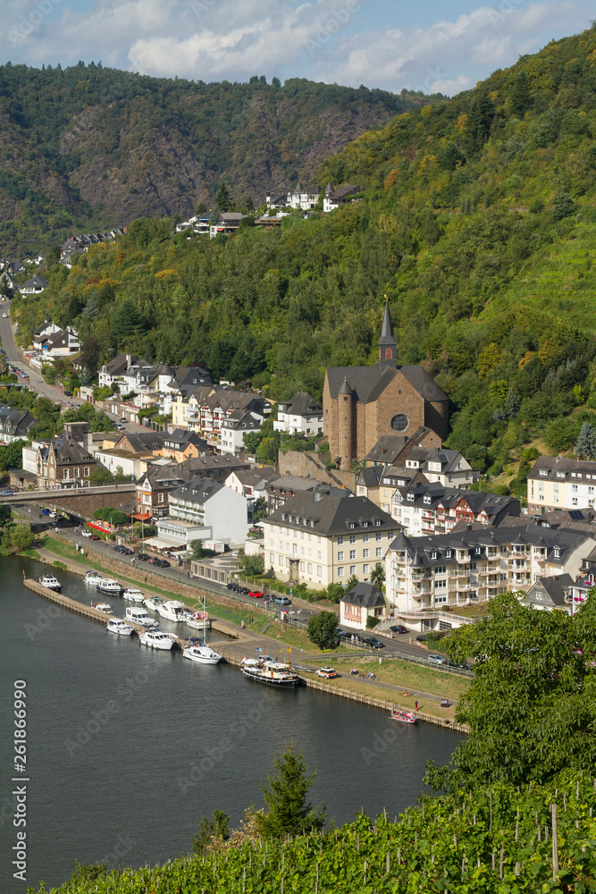 Cochem, Germany - Aug 20, 2016: Cityscape of Cochem high view from the Castle with Mosel river.