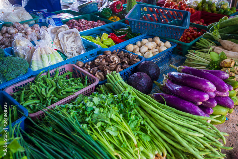 Thai Asian grocery bazaar with fresh vegetables