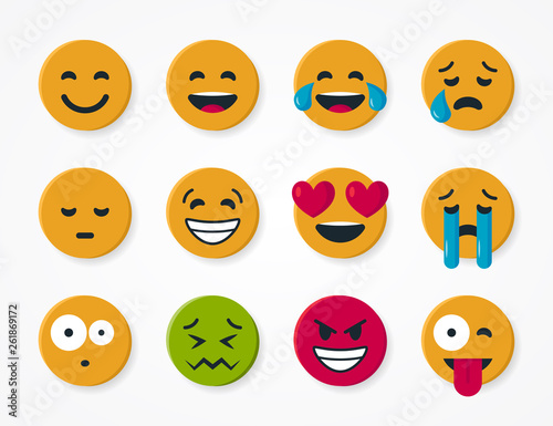 Round yellow emoji in flat style, vector