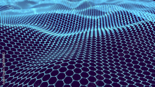 Abstract network connection. Structure big data. Digital background. Glossy metal hexagonal grid with waves. 3d render