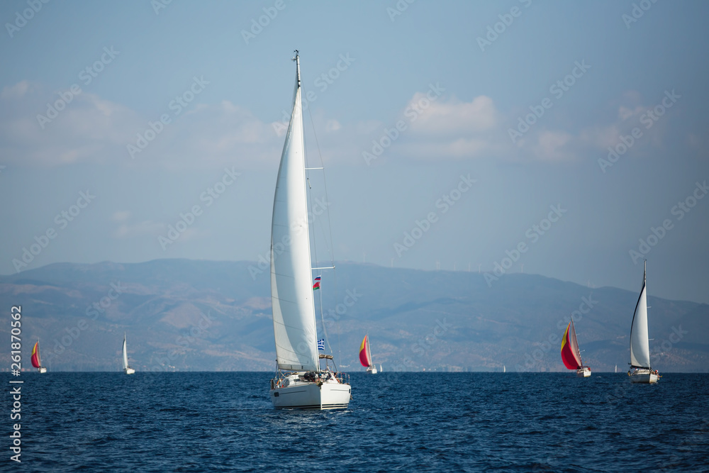 Fototapeta premium Sailing yacht boat at the Aegean Sea near Greece coasts.