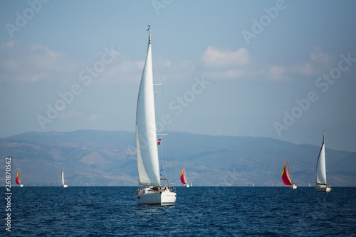 Sailing yacht boat at the Aegean Sea near Greece coasts.