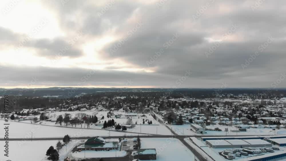 Winter Landscape After Sunset Drone Aerial of Spokane Washington State Usa With Snow Covered Houses Road and Evegreen Trees 4k Winter Landscape After Sunset Drone Aerial of Spokane Washington State Usa With Snow Covered Houses Road and Evegreen Trees 4k