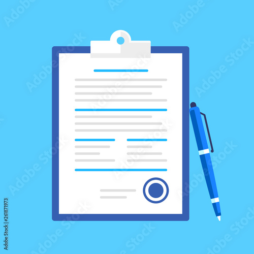 Agreement, contract, signing document concepts. Clipboard with document and stamp. Modern flat design. Vector illustration