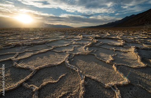 Death Valley California salt flats near the badwater in the national park at sunset