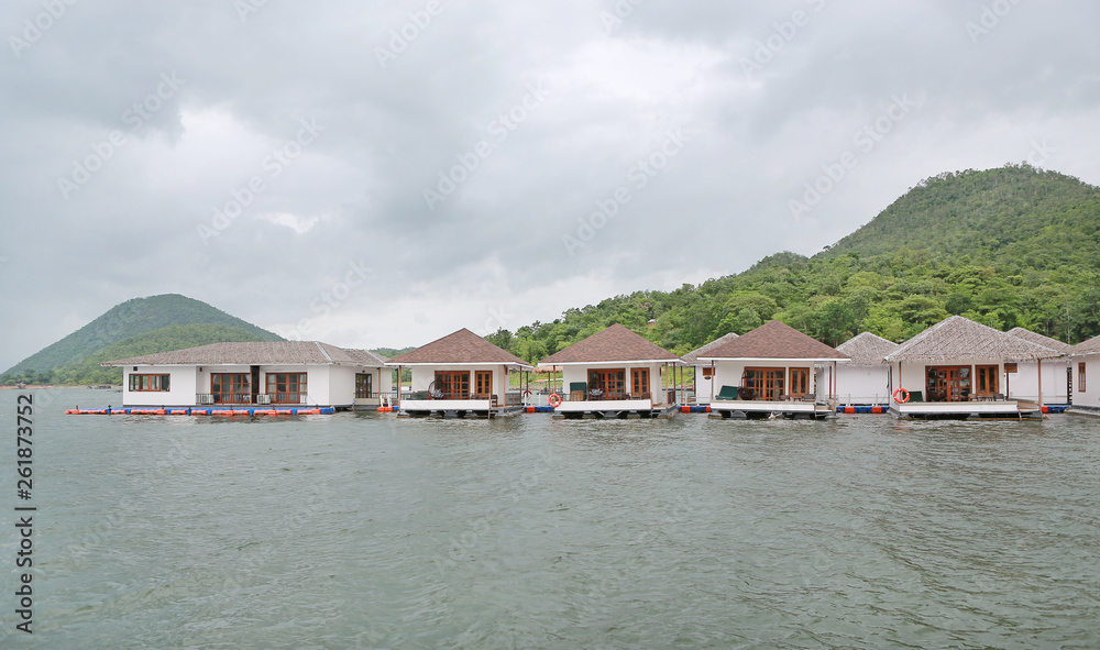House floating raft in river kwai at kanchanaburi, Resort in thailand.