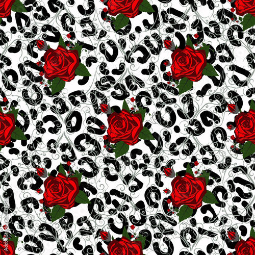 Seamless pattern with leopard print and red roses. Vector background with animal skin and flower texture. For printing on fabric, wallpaper, packaging. eps10