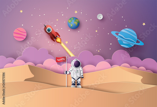Astronaut on Mars with Colorful Space Planets