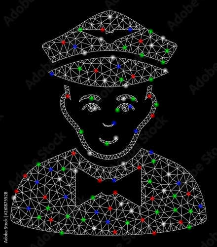 Bright mesh airline steward with glare effect. White wire frame polygonal mesh in vector format on a black background. Abstract 2d mesh built from triangular lines, points, colored glare spots.