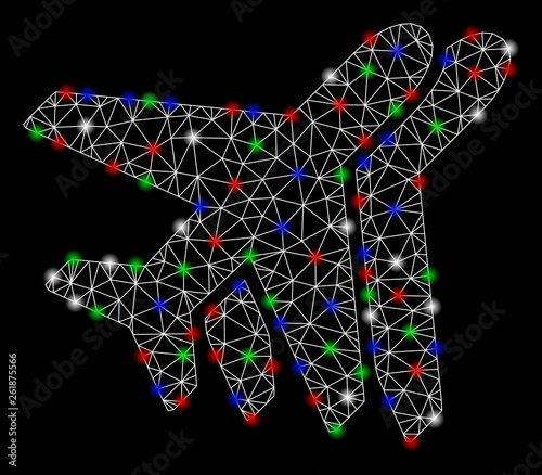 Bright mesh airlines with lightspot effect. White wire frame triangular network in vector format on a black background. Abstract 2d mesh designed with triangular lines, dots, colored glare spots.