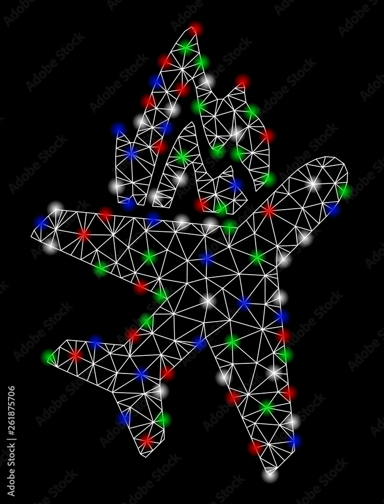 Bright mesh airplane fire with lightspot effect. White wire carcass triangular mesh in vector format on a black background. Abstract 2d mesh designed with triangular lines, spheric points, Bright mesh airplane fire with lightspot effect. White wire carcass triangular mesh in vector format on a black background. Abstract 2d mesh designed with triangular lines, spheric points,
