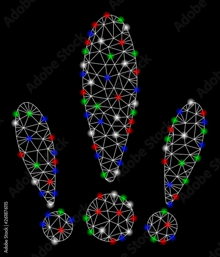Bright mesh alert with glow effect. White wire frame polygonal mesh in vector format on a black background. Abstract 2d mesh designed with triangles, dots, colored flare spots. Used colors are white,