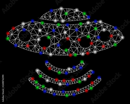 Bright mesh alien invasion with glow effect. White wire frame triangular mesh in vector format on a black background. Abstract 2d mesh designed with triangular lines, spheric points,