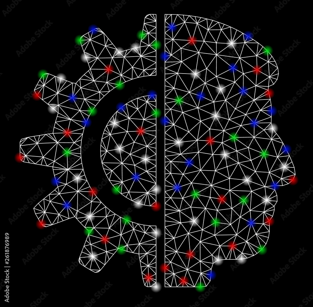 Bright mesh android robotics with glare effect. White wire carcass triangular mesh in vector format on a black background. Abstract 2d mesh designed with triangular lines, spheric points, Bright mesh android robotics with glare effect. White wire carcass triangular mesh in vector format on a black background. Abstract 2d mesh designed with triangular lines, spheric points,