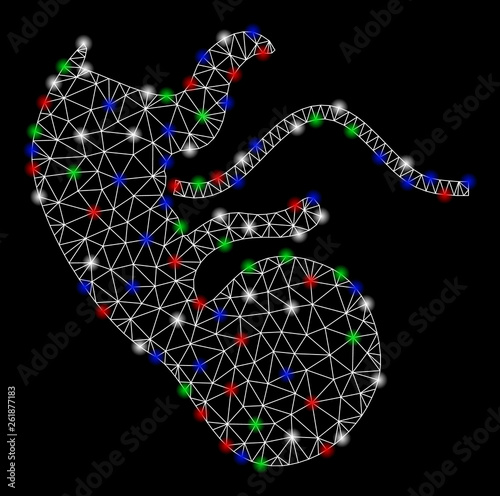 Bright mesh ape embryo with glow effect. White wire carcass triangular mesh in vector format on a black background. Abstract 2d mesh designed with polygonal grid, spheric points, colorful light spots. photo