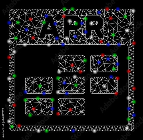 Bright mesh April calendar grid with lightspot effect. White wire carcass triangular mesh in vector format on a black background. Abstract 2d mesh designed with triangular lines, spheric points,