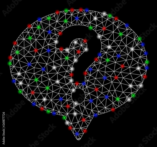 Bright mesh ask with glow effect. White wire frame polygonal mesh in vector format on a black background. Abstract 2d mesh created from polygonal grid, points, colored flare spots.