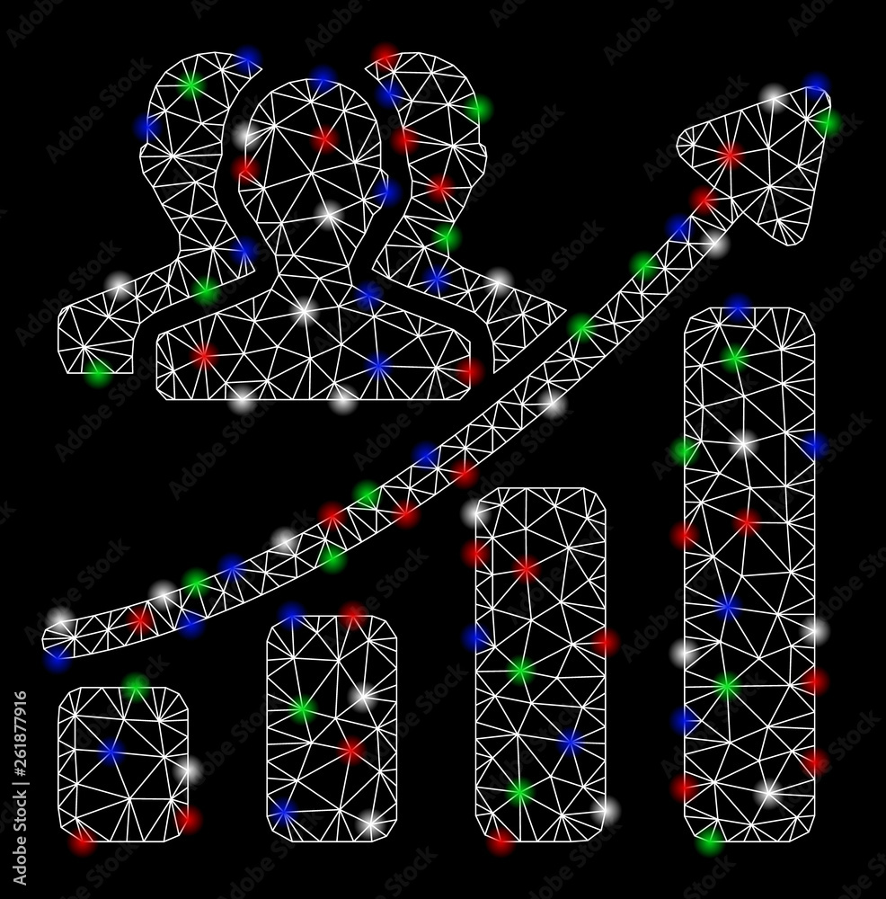 Bright mesh audience growth chart with glare effect. White wire carcass triangular network in vector format on a black background. Abstract 2d mesh built from triangular lines, points,