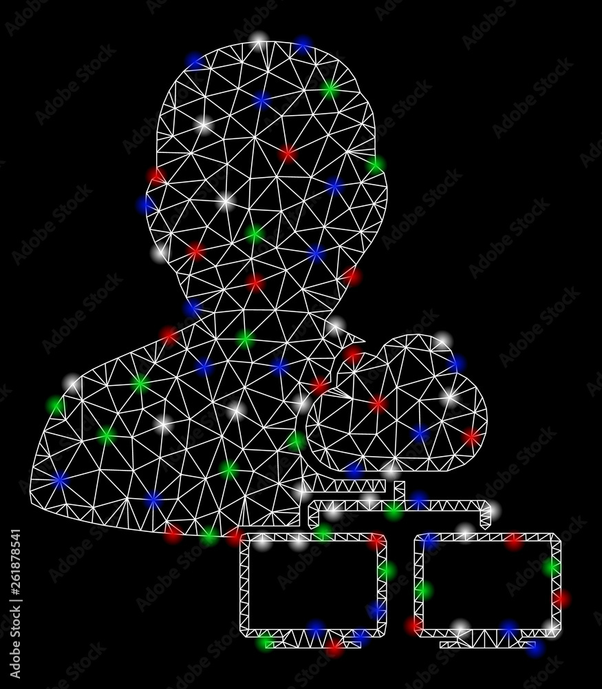Bright mesh network administrator with lightspot effect. White wire frame polygonal mesh in vector format on a black background. Abstract 2d mesh designed with polygonal grid, spheric points, Bright mesh network administrator with lightspot effect. White wire frame polygonal mesh in vector format on a black background. Abstract 2d mesh designed with polygonal grid, spheric points,
