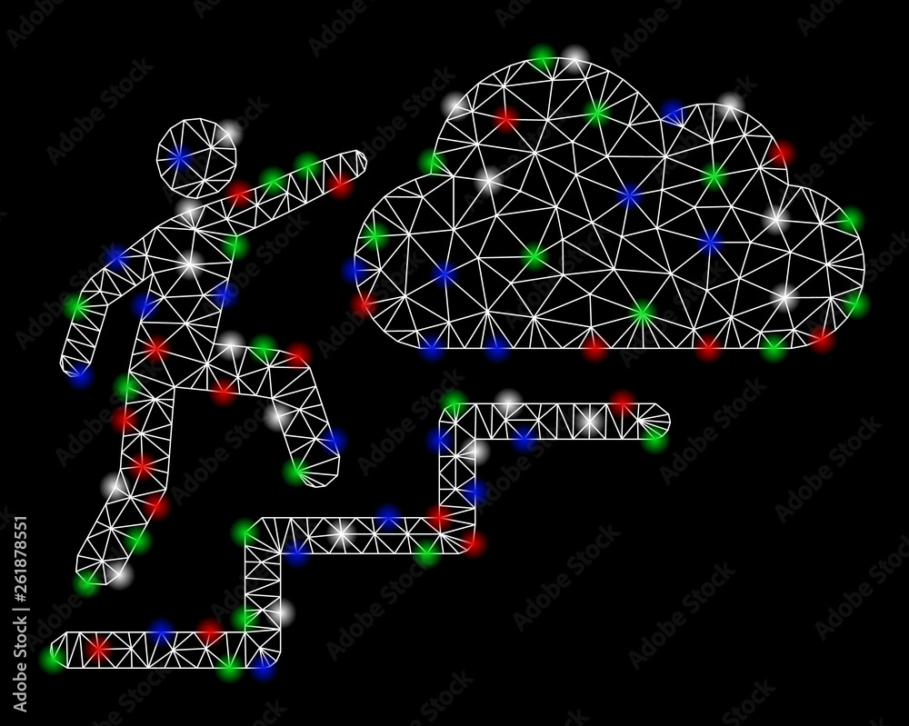 Bright mesh person steps to cloud with glare effect. White wire frame triangular mesh in vector format on a black background. Abstract 2d mesh designed with triangular lines, dots,