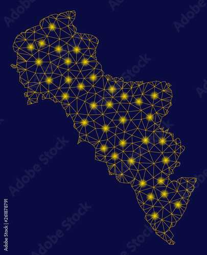 Bright yellow mesh Andros Island of Greece map with glare effect. Wire carcass triangular mesh in vector EPS10 format on a dark black background. Abstract 2d mesh built from triangular lines  points 
