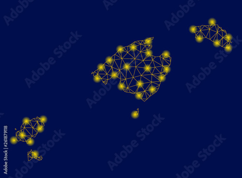 Bright yellow mesh Balearic Islands map with glare effect. Wire frame triangular mesh in vector EPS10 format on a dark black background. Abstract 2d mesh designed with triangular lines, dots,