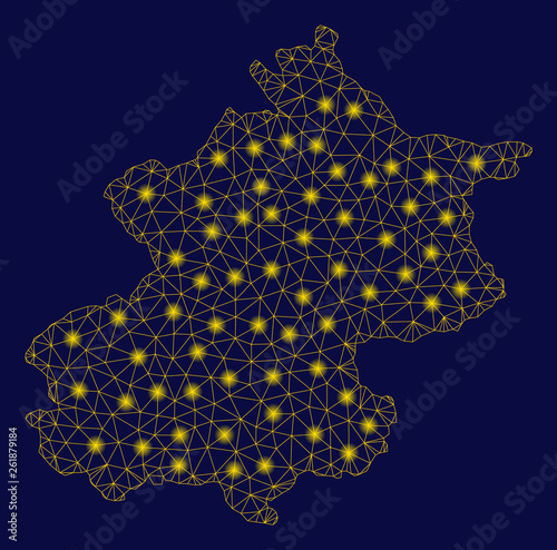 Bright yellow mesh Beijing City map with glare effect. Wire carcass polygonal mesh in vector EPS10 format on a dark black background. Abstract 2d mesh built from polygonal grid, points,