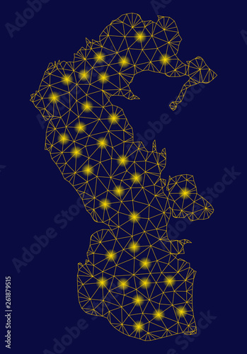 Bright yellow mesh Caspian Sea map with glare effect. Wire frame triangular mesh in vector EPS10 format on a dark black background. Abstract 2d mesh designed with triangular lines, dots,