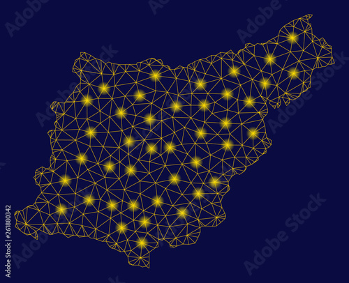 Bright yellow mesh Gipuzkoa Province map with lightspot effect. Wire carcass polygonal mesh in vector EPS10 format on a dark black background. Abstract 2d mesh designed with polygonal grid,