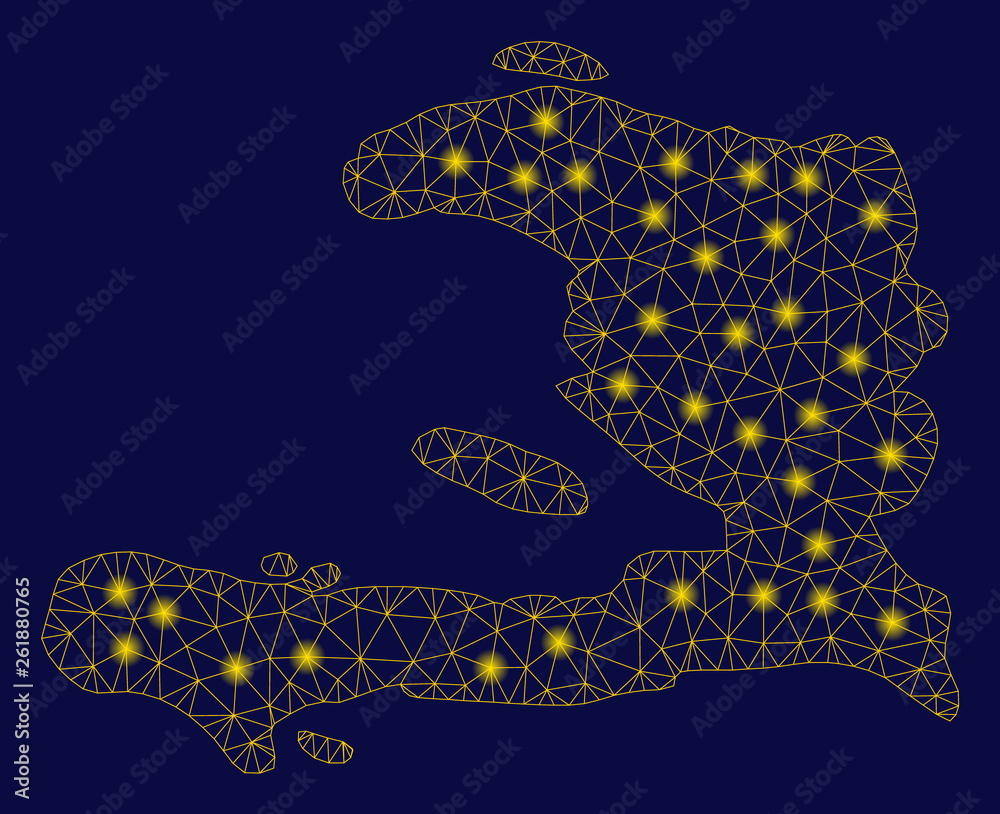 Bright yellow mesh Haiti map with glow effect. Wire carcass triangular mesh in vector EPS10 format on a dark black background. Abstract 2d mesh designed with triangular lines, small circle,