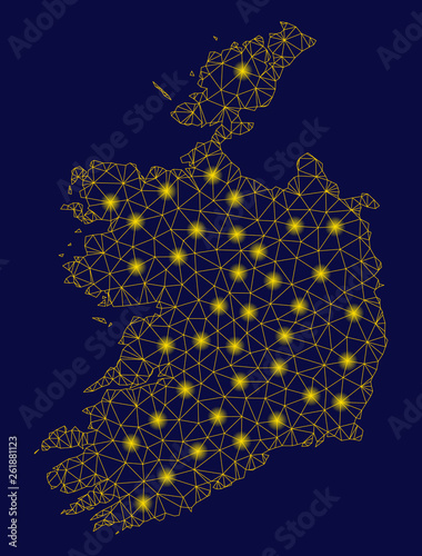 Bright yellow mesh Ireland Republic map with glare effect. Wire carcass polygonal mesh in vector EPS10 format on a dark black background. Abstract 2d mesh designed with triangular lines, dots,