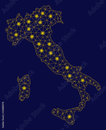 Bright yellow mesh Italy map with lightspot effect. Wire carcass triangular mesh in vector EPS10 format on a dark black background. Abstract 2d mesh designed with triangular lines, round dots,