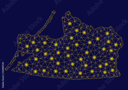 Bright yellow mesh Kaliningrad Region map with lightspot effect. Wire carcass triangular mesh in vector EPS10 format on a dark black background. Abstract 2d mesh built from triangular lines,