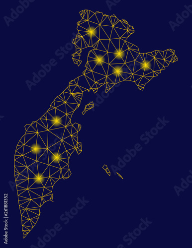 Bright yellow mesh Kamchatka map with lightspot effect. Wire carcass triangular mesh in vector EPS10 format on a dark black background. Abstract 2d mesh designed with triangular lines, dots,