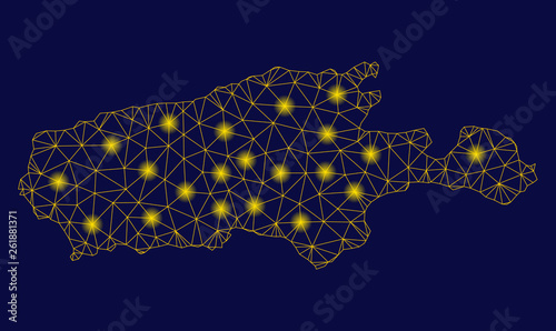 Bright yellow mesh Kangaroo Island map with glare effect. Wire carcass triangular mesh in vector EPS10 format on a dark black background. Abstract 2d mesh created from triangular lines,